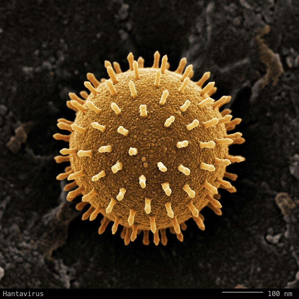 Spherical hantavirus particle with surface protein spikes under electron microscope
