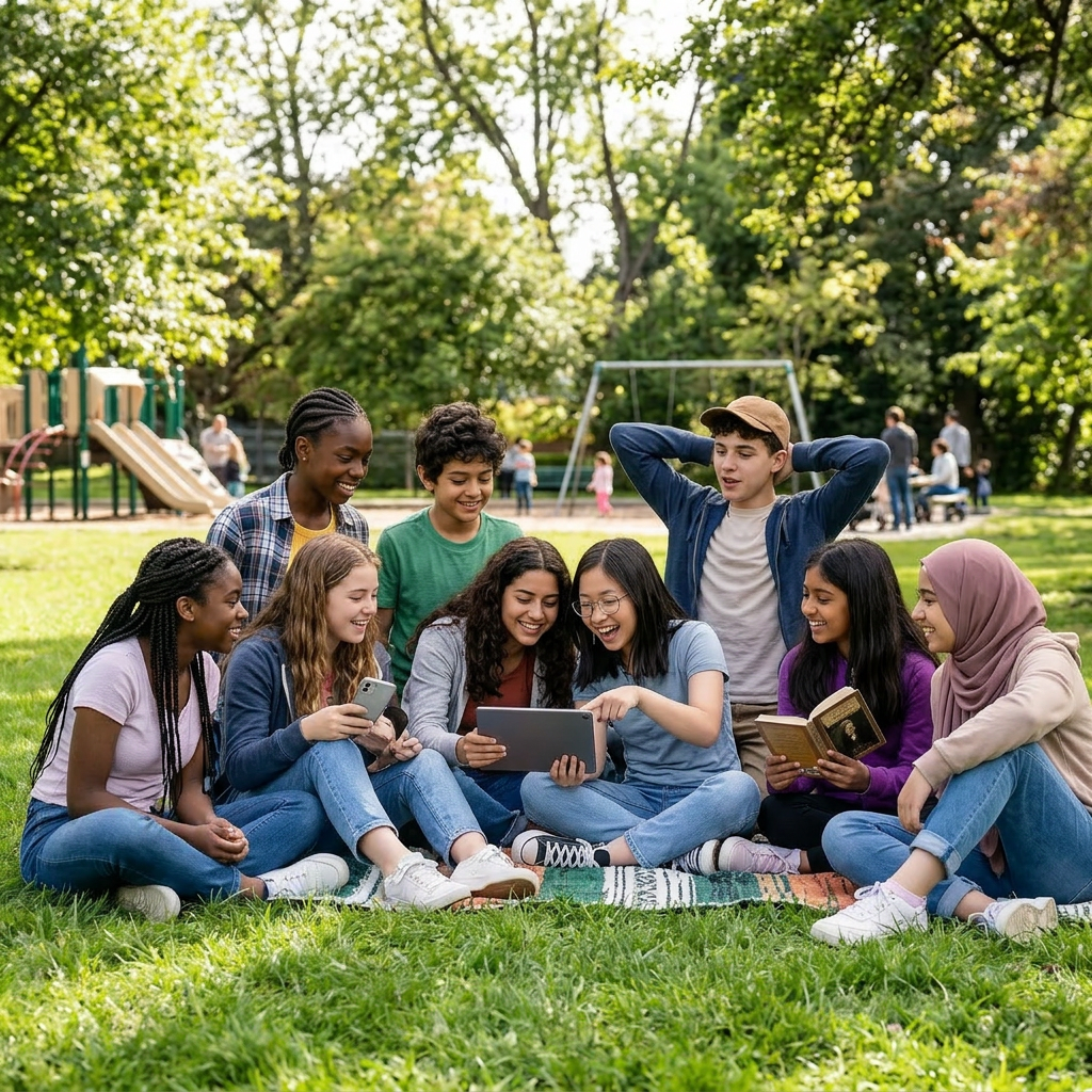 Group of smiling children sitting on grass playing with blocks and toys in a park