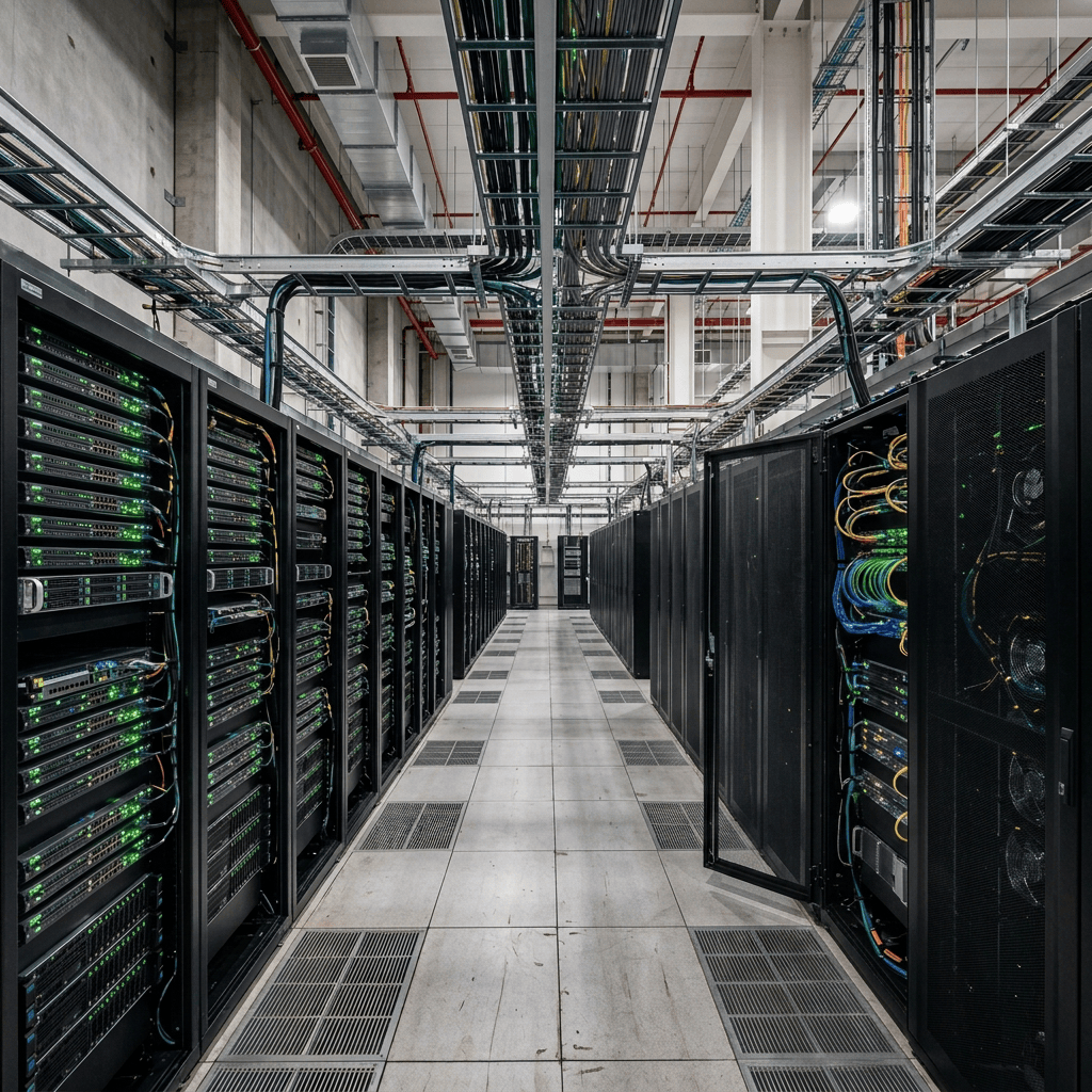 Two technicians servicing server racks in a modern data center