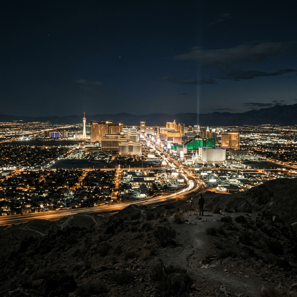 Nighttime view of the illuminated Las Vegas Strip from rocky desert hills
