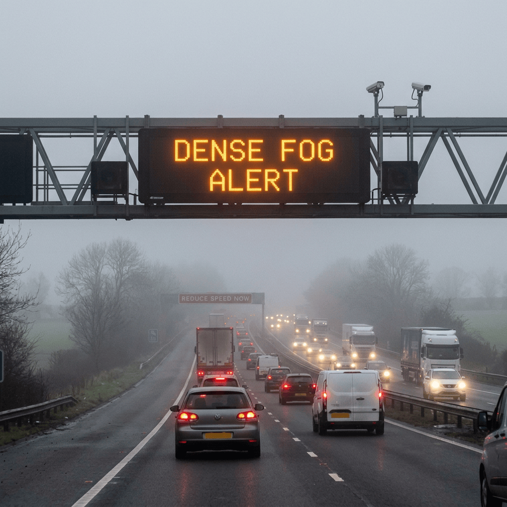 Electronic motorway sign reading “DENSE FOG ALERT” above traffic in heavy fog